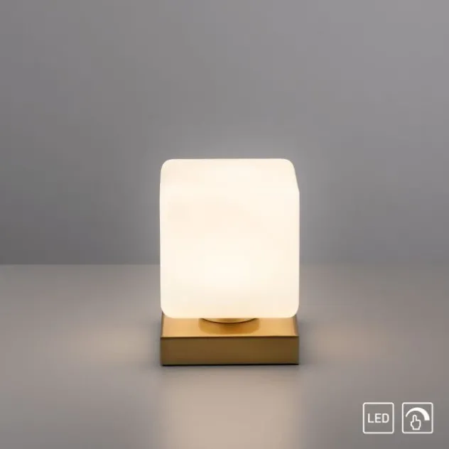 LED Tischleuchte messing farbig Würfelform Touchdimmer zeitloses Design