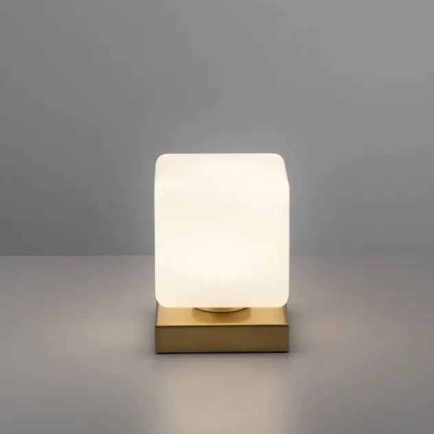 LED Tischleuchte messing farbig Würfelform Touchdimmer zeitloses Design