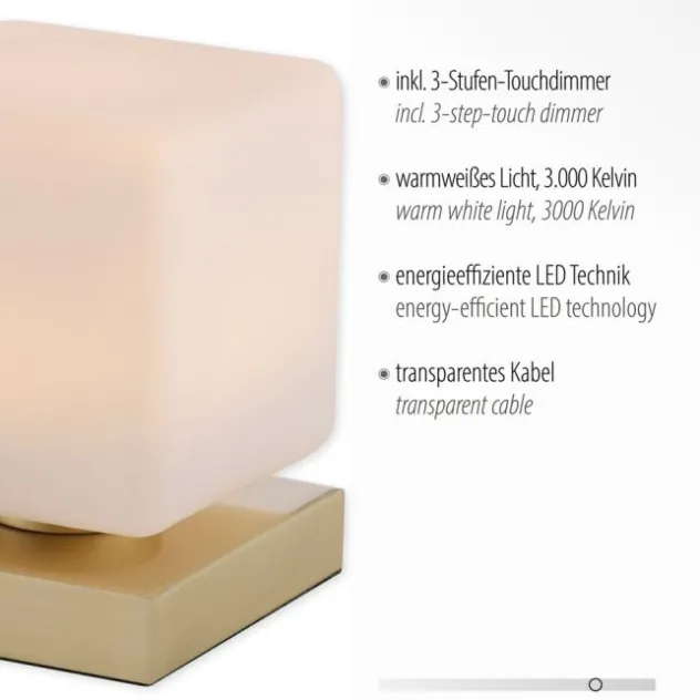 LED Tischleuchte messing farbig Würfelform Touchdimmer zeitloses Design