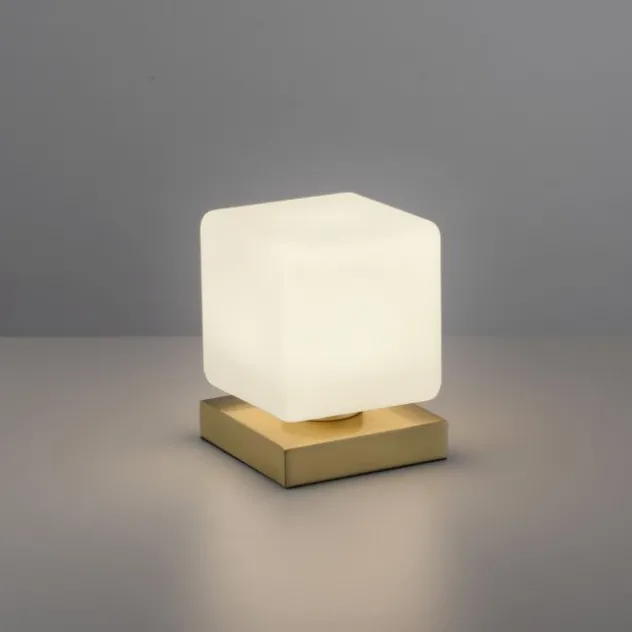 LED Tischleuchte messing farbig Würfelform Touchdimmer zeitloses Design