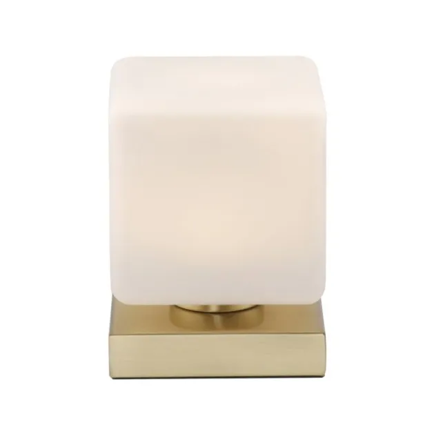 LED Tischleuchte messing farbig Würfelform Touchdimmer zeitloses Design