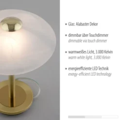 LED Tischleuchte messing matt Alabaster Dekor Glas 3 Stufen Touchdimmer