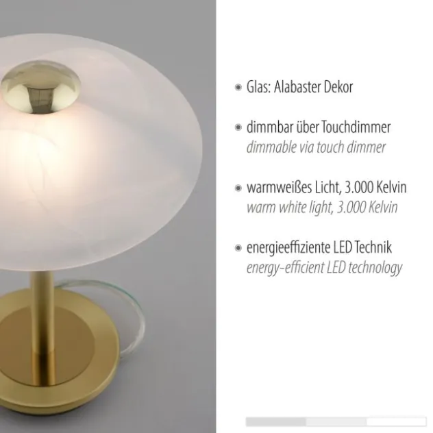 LED Tischleuchte messing matt Alabaster Dekor Glas 3 Stufen Touchdimmer