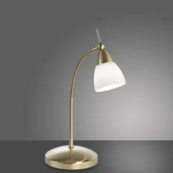 LED-Tischleuchte, messing-matt, Flexarm, blendfrei, Opalglas, Touchdimmer