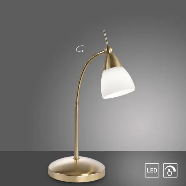 LED-Tischleuchte, messing-matt, Flexarm, blendfrei, Opalglas, Touchdimmer