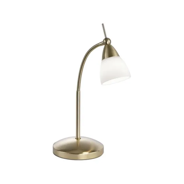 LED-Tischleuchte, messing-matt, Flexarm, blendfrei, Opalglas, Touchdimmer