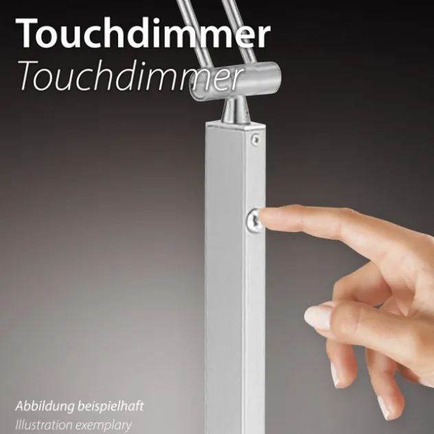 LED Tischleuchte, Opalglas, schlichtes Design, silberfarbener Fuß, dimmbar