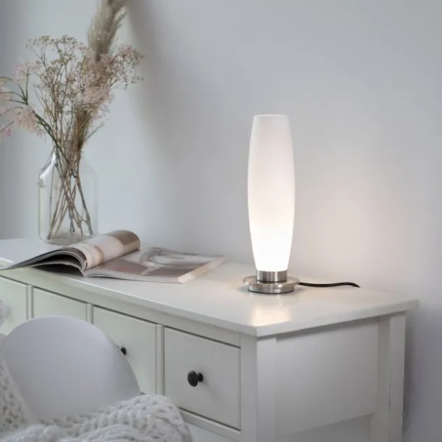 LED Tischleuchte, Opalglas, schlichtes Design, silberfarbener Fuß, dimmbar