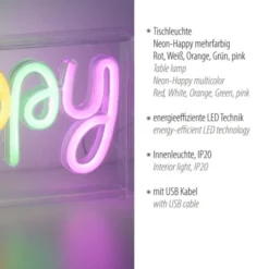 LED Tischleuchte Schriftzug Happy mehrfarbig USB Schalter dekorativ