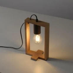 LED Tischleuchte, schwarz, Holzrahmen, Schnurschalter, Metall, 1 flammige Tischlampe