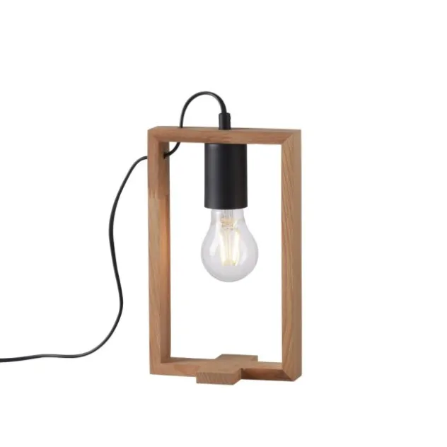 LED Tischleuchte, schwarz, Holzrahmen, Schnurschalter, Metall, 1 flammige Tischlampe