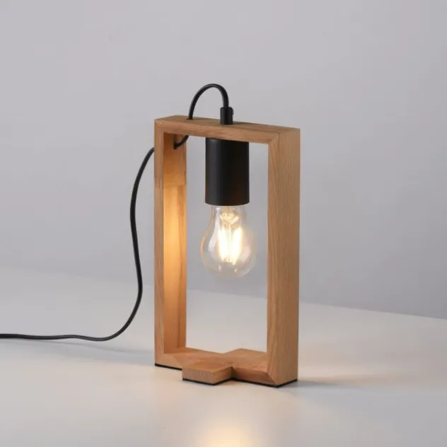 LED Tischleuchte, schwarz, Holzrahmen, Schnurschalter, Metall, 1 flammige Tischlampe