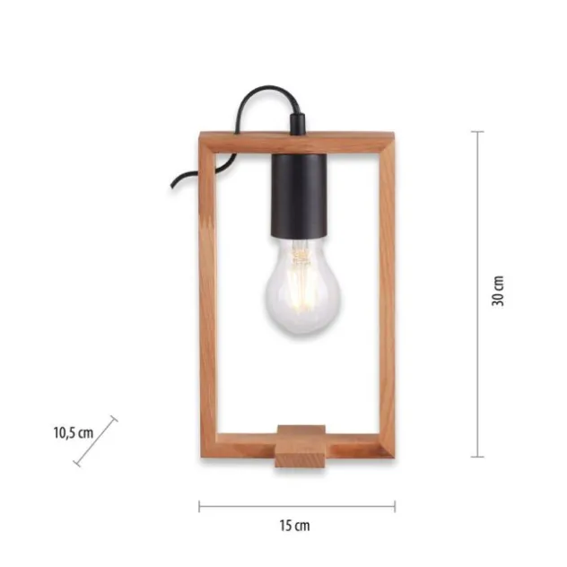 LED Tischleuchte, schwarz, Holzrahmen, Schnurschalter, Metall, 1 flammige Tischlampe