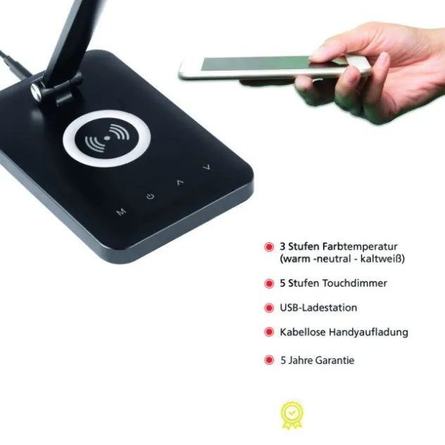 LED Tischleuchte, schwarz, QI-Ladefunktion, Touchdimmer, CCT