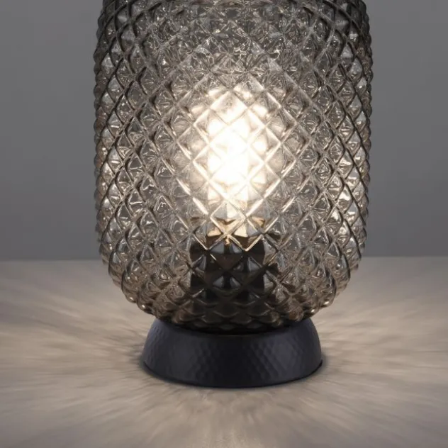 LED Tischleuchte schwarz Rauchglas Schnurschalter rund