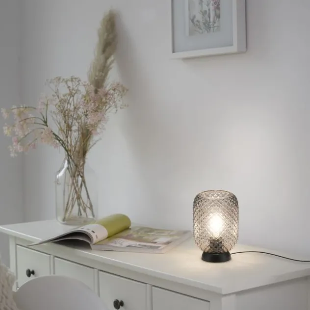 LED Tischleuchte schwarz Rauchglas Schnurschalter rund