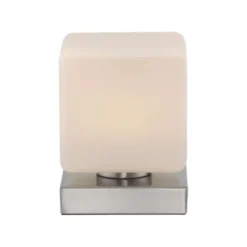 LED Tischleuchte silber farbig Würfelform Touchdimmer zeitloses Design