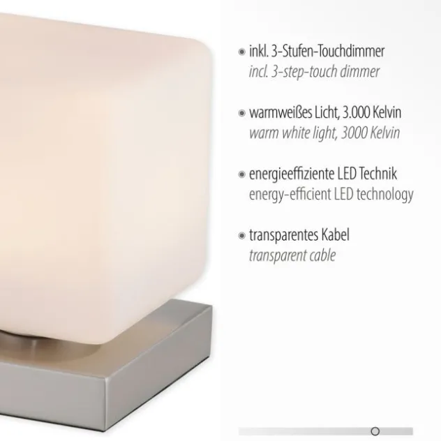 LED Tischleuchte silber farbig Würfelform Touchdimmer zeitloses Design