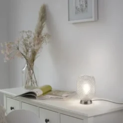 LED Tischleuchte silber Lichtspiel geriffelt Klarglas Schnurschalter