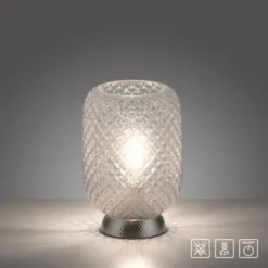 LED Tischleuchte silber Lichtspiel geriffelt Klarglas Schnurschalter