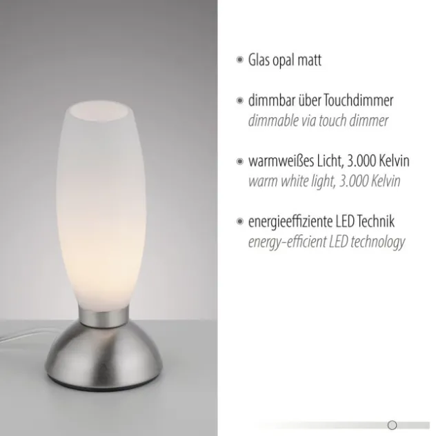 LED Tischleuchte silber Opalglas 3 Stufen Touchdimmer