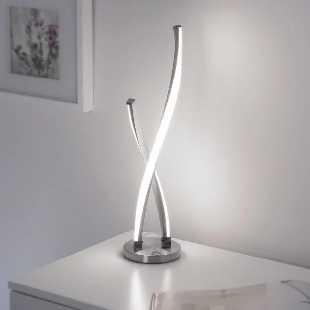 LED Tischleuchte, stahlfarben, geschwungenes Design, dimmbar