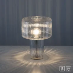 LED Tischleuchte transparent Pilzform Glas Ø25cm Schalter
