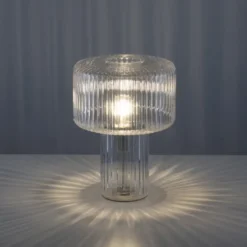 LED Tischleuchte transparent Pilzform Glas Ø25cm Schalter