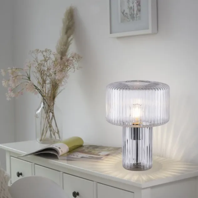 LED Tischleuchte transparent Pilzform Glas Ø25cm Schalter