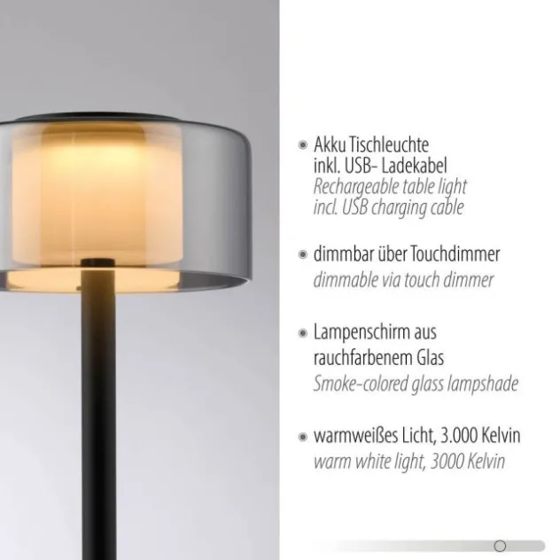 LED Tischleuchte USB schwarz Akku Touchdimmer Memoryfunktion