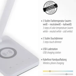 LED Tischleuchte, weiss, kabellose QI-Ladefunktion, Touchdimmer, CCT