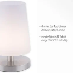 LED-Tischleuchte, weiß-stahl, mit dezentem Lampenschirm, inkl. Touchdimmer