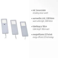 LED-Unterbauleuchten, 3er Set, Aluminium, warmweiße Lichtfarbe, modern