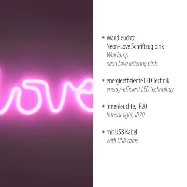 LED Wandleuchte pink love USB Schnurschalter Deko Schriftzug