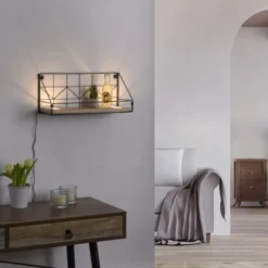 LED Wandleuchte Regal 46x16x20cm schwarz Boden aus Holz warmweiß Schalter