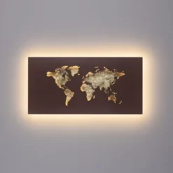 LED Wandleuchte rost Weltkarte beleuchtet goldfarbig wamweiß Wandbild