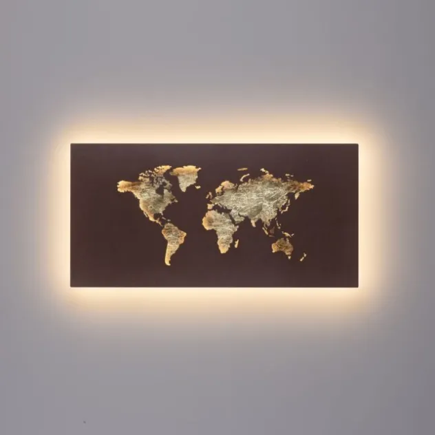 LED Wandleuchte rost Weltkarte beleuchtet goldfarbig wamweiß Wandbild