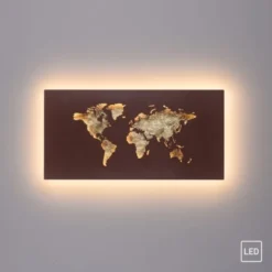 LED Wandleuchte rost Weltkarte beleuchtet goldfarbig wamweiß Wandbild