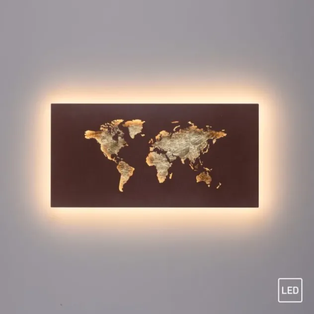 LED Wandleuchte rost Weltkarte beleuchtet goldfarbig wamweiß Wandbild