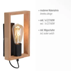 LED Wandleuchte, schwarz, Holzrahmen, Wippschalter, Metall, 1 flammige Wandlampe