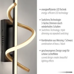 LED Wandleuchte schwarz messing dimmbar in 3 Stufen geschwungen