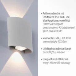 LED-Wandleuchte, silberfarben, halbrunder Form, Up+Down, Lichtkegel