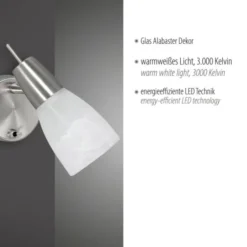 LED-Wandleuchte, Stahl, Kippschalter, Alabasterglas, dreh und schwenkbar