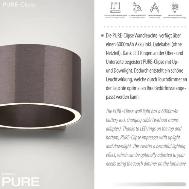 Neuhaus PURE® Akku Wandleuchte PURE Clipse dark metal brown
