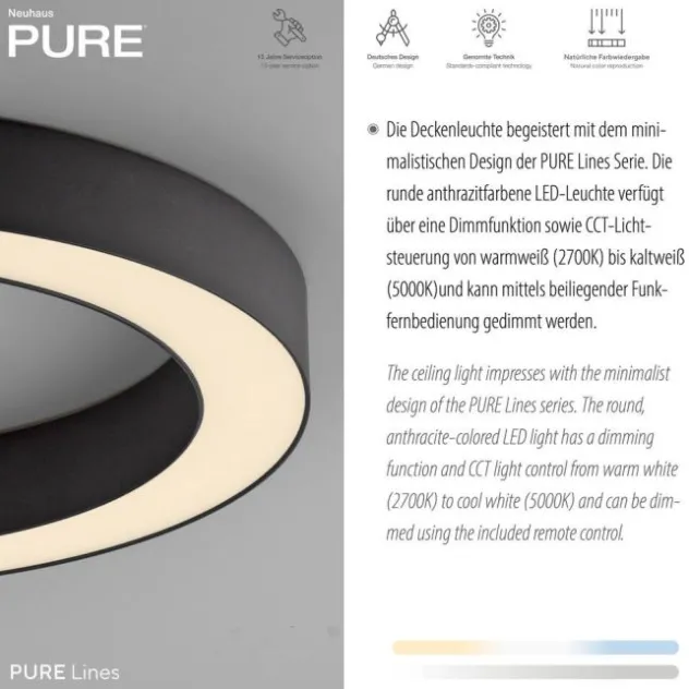 Neuhaus PURE® LED Deckenleuchte PURE Lines Round, graphite, 35 cm, dimmbar