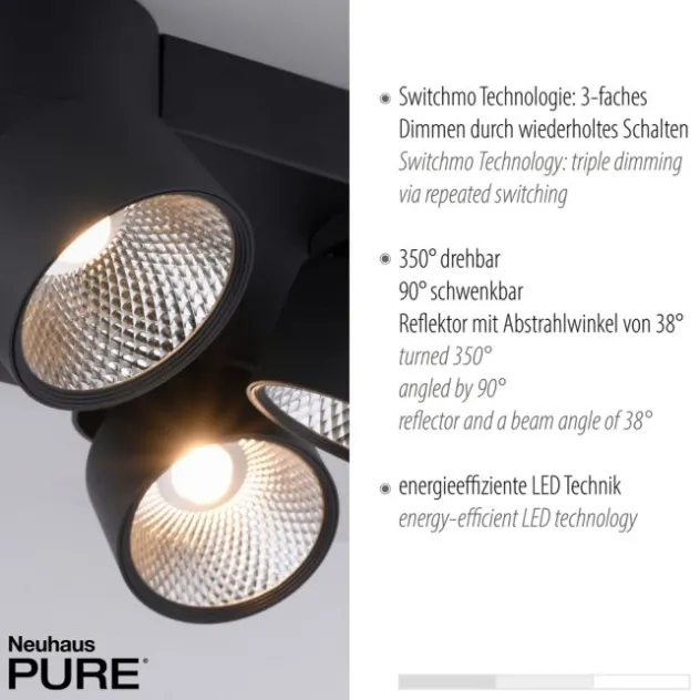 Neuhaus PURE® LED Deckenleuchte PURE Nola, schwarz, 4-flammig, drehbar, dimmbar