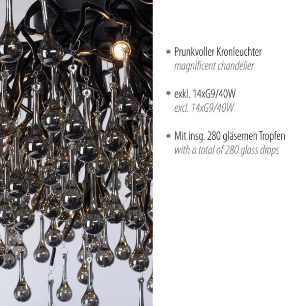 Paul Neuhaus Deckenleuchte ICICLE, schwarz, Kristallanhänger, 14-flammig