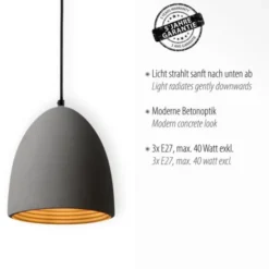 Pendelleuchte, betonfarben, E27, Schirm, 3-flammig, IP20