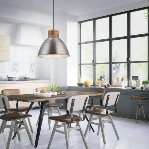 Pendelleuchte, eisenfarben, Holzdekor, Industrial-Stil, Retro Stil