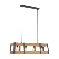 Pendelleuchte, 4-flammig, Holz + Eisen, rustikales Design, E27 Fassung